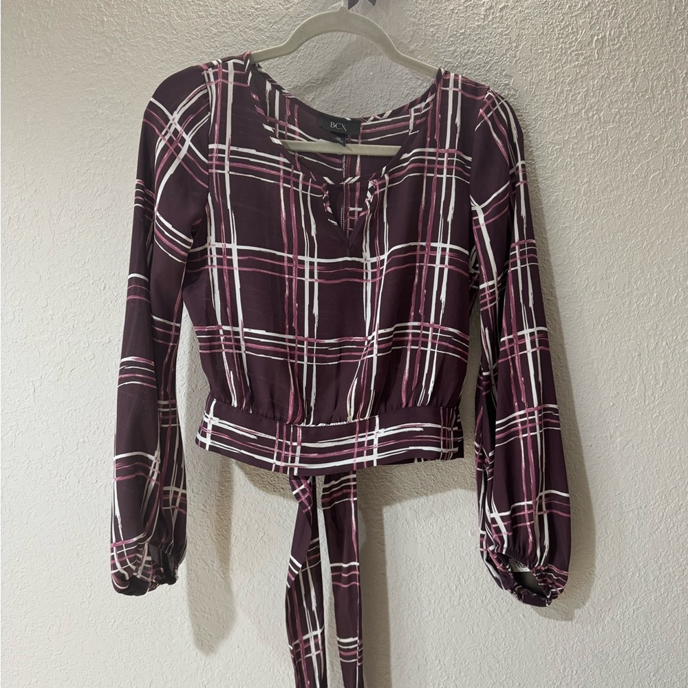 BCX Women's Plaid Top - Burgundy and White